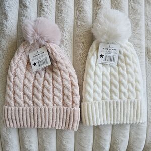 Cozy Beanies with Pom Set Of 2- Pink and White